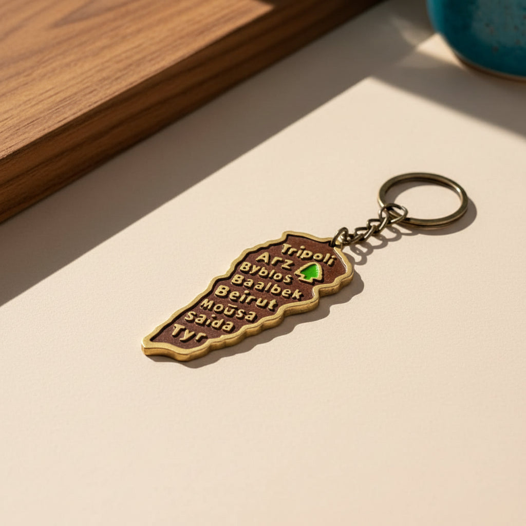 Antique brass keychain charm shaped like the country, raised with Lebanese city names