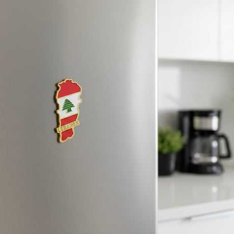 Magnet cut in the outline of Lebanon and filled with the flag and a green cedar