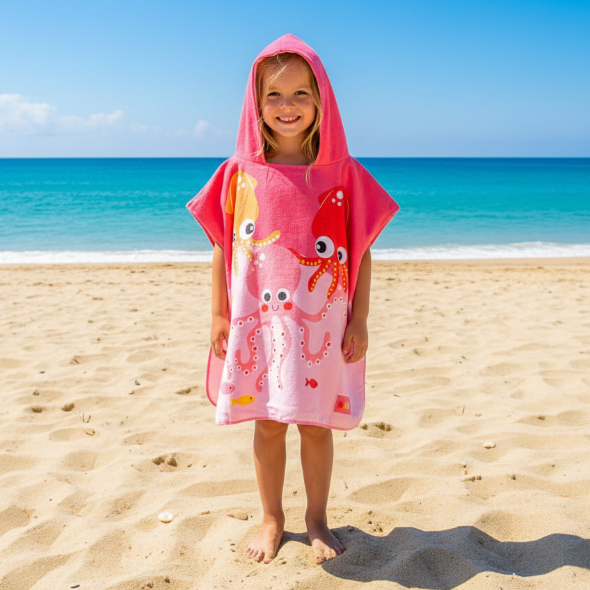Pink cartoon crab towel on a gray floor with feet in the background