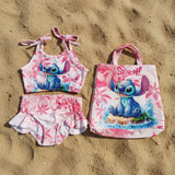 Children's outfit set with top, shorts, and bag featuring stitch on the snad
