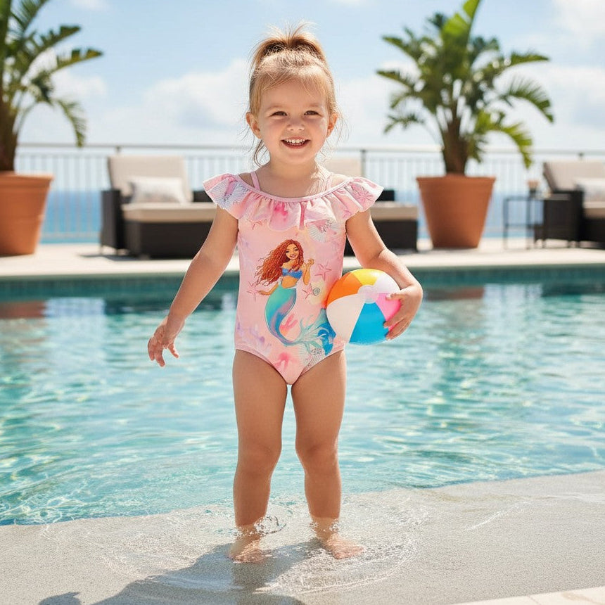 Child in a mermaid swimsuit holding a beach ball by a pool with plants and chairs in the background.