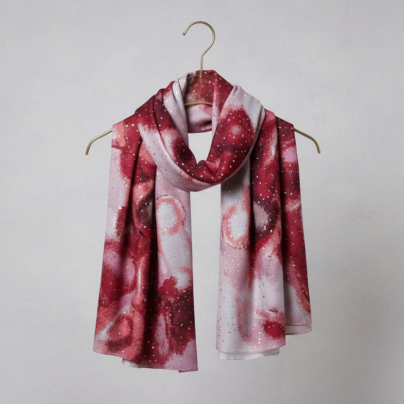 Red and white patterned scarf on a hanger against a plain background