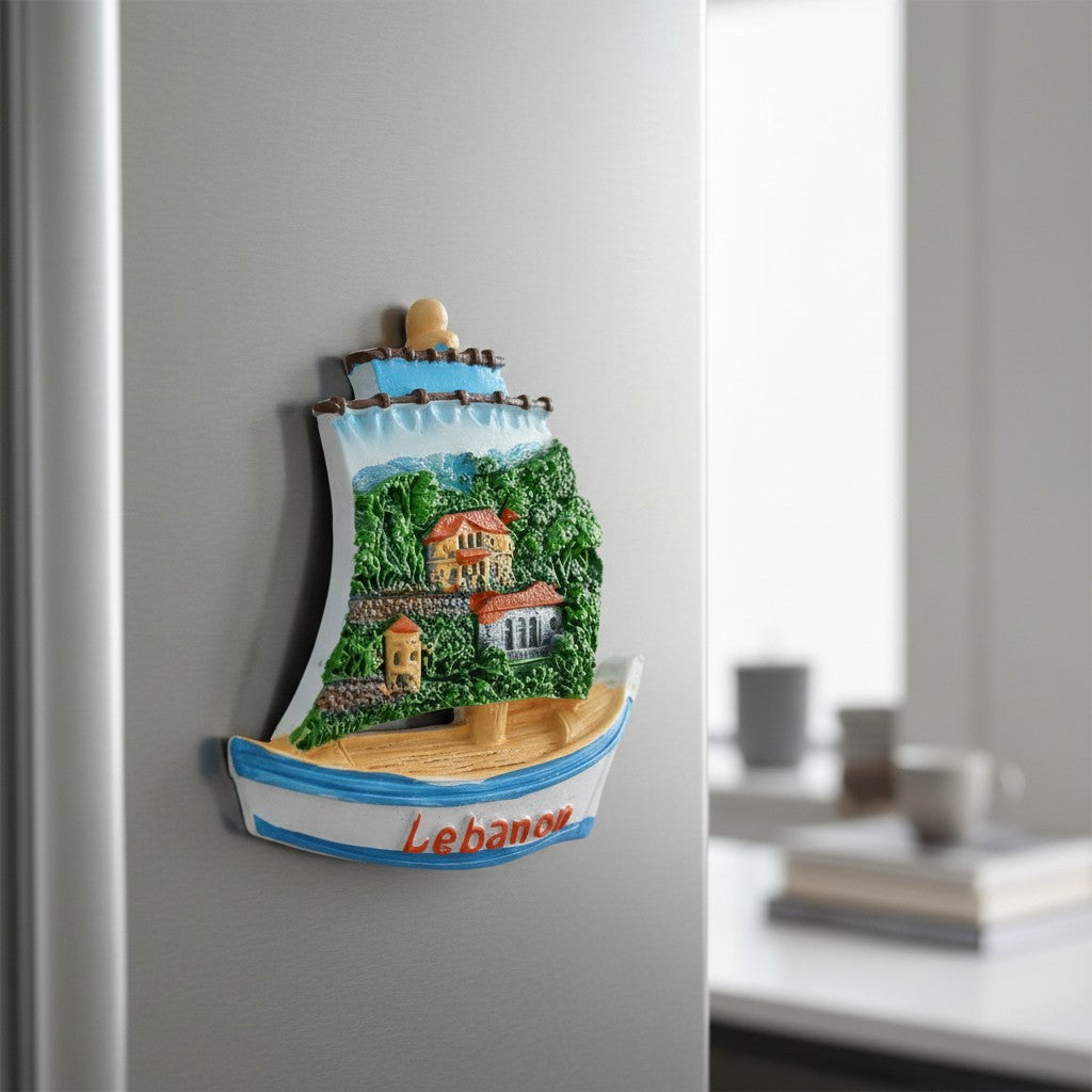 Lebanon sailboat with village scene souvenir fridge magnet, Jack Gifts Online Lebanon