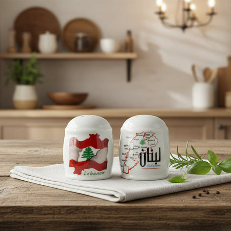 Two white porcelain salt shakers, one with a flag filled map and one with a fine city map