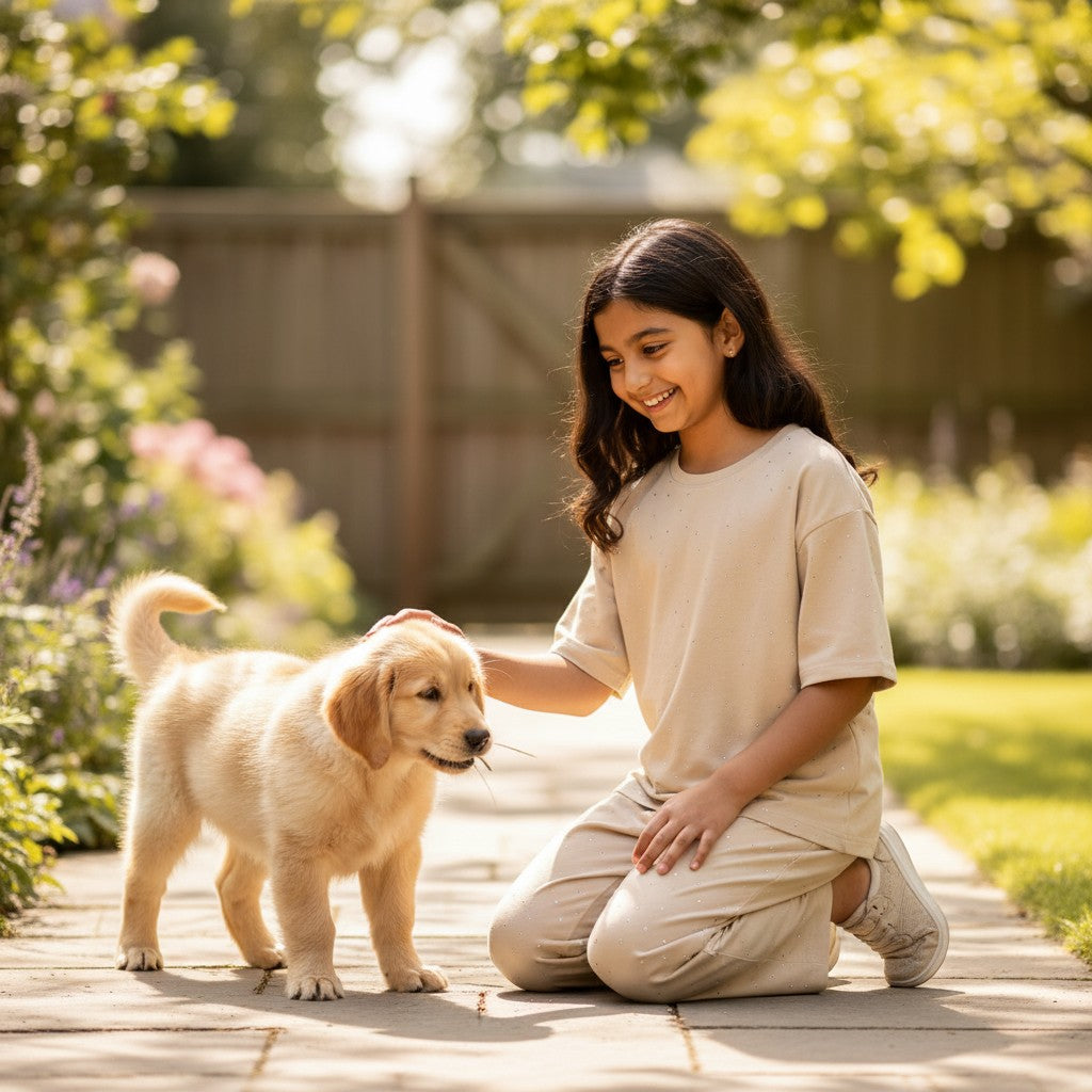 Girl waering a beige sparkle set while petting a golden puppy in a garden