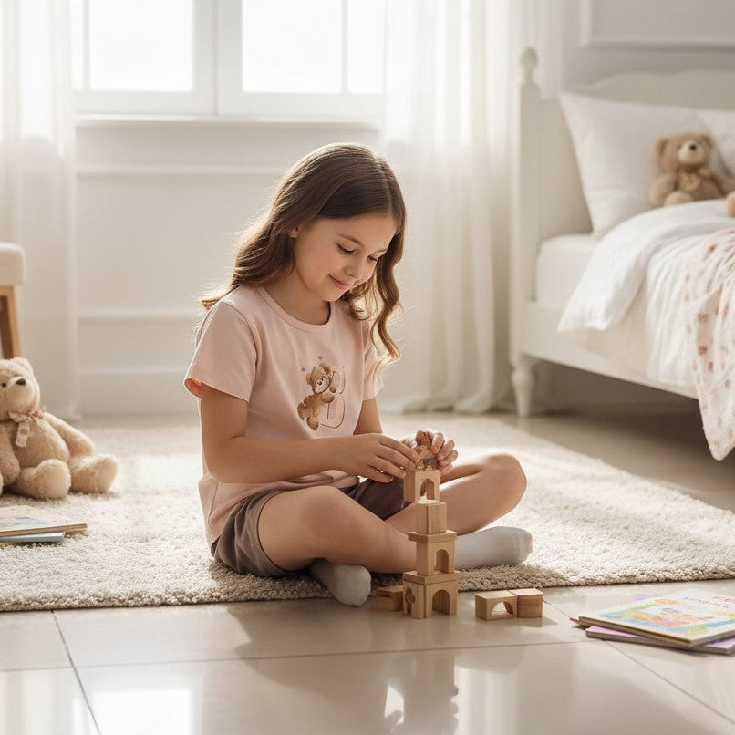 Young girl wearing a pink bear pj, playing with wooden blocks in a bright bedroom with teddy bears and books.