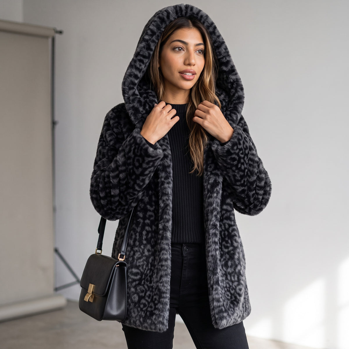 Leopard Print Black Fur Jacket