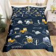 Navy kids bedding set with dinosaurs, diggers and Let's Go print