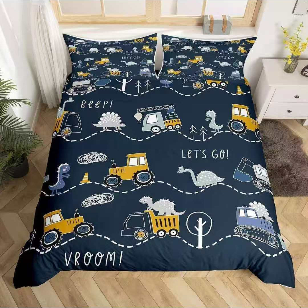 Navy kids bedding set with dinosaurs, diggers and Let's Go print