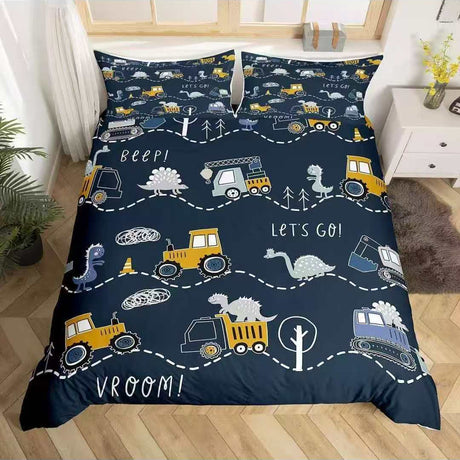 Navy kids bedding set with dinosaurs, diggers and Let's Go print
