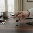 Hand holding a keychain with a Lexus logo on a desk with office items