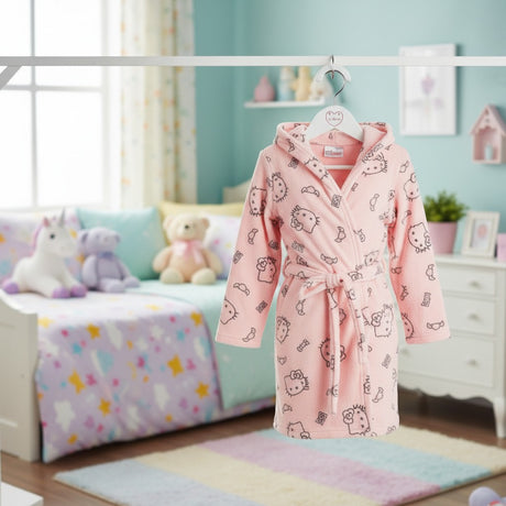 Pink children's robe with cartoon Hello Kitty patterns hanging in a room with colorful bedding and toys