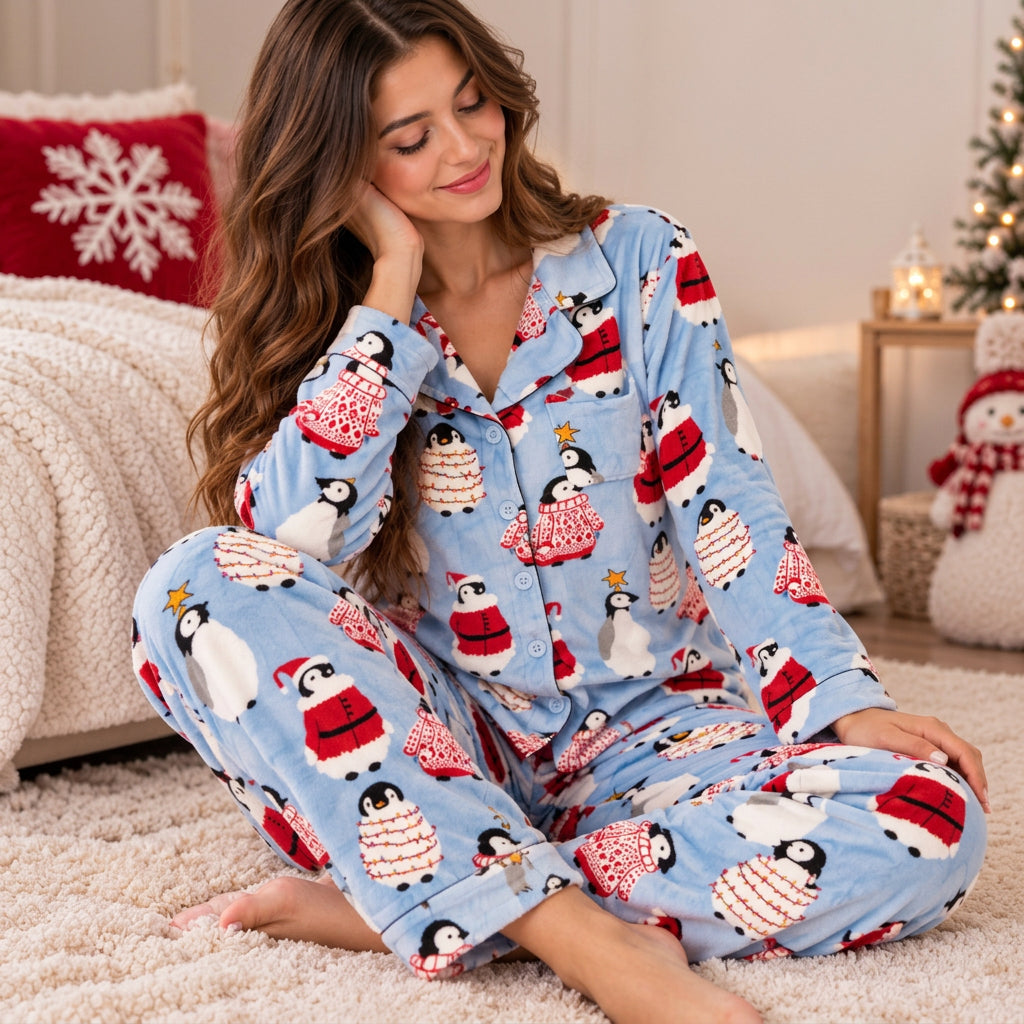 Woman in light blue fleece pajamas with penguins in Santa coats and festive sweaters in a Christmas bedroom