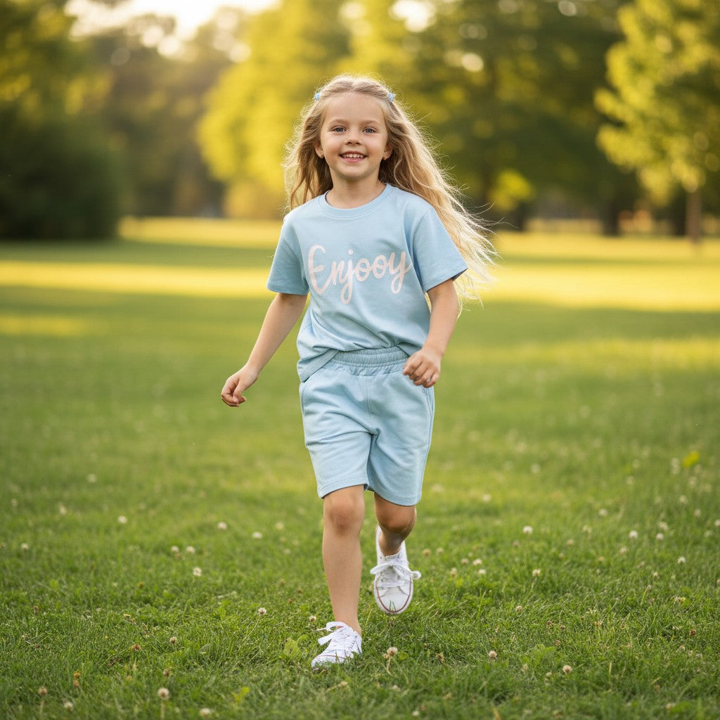 Girl running in light blue Enjooy print tee and shorts set, Jack Gifts Online Lebanon