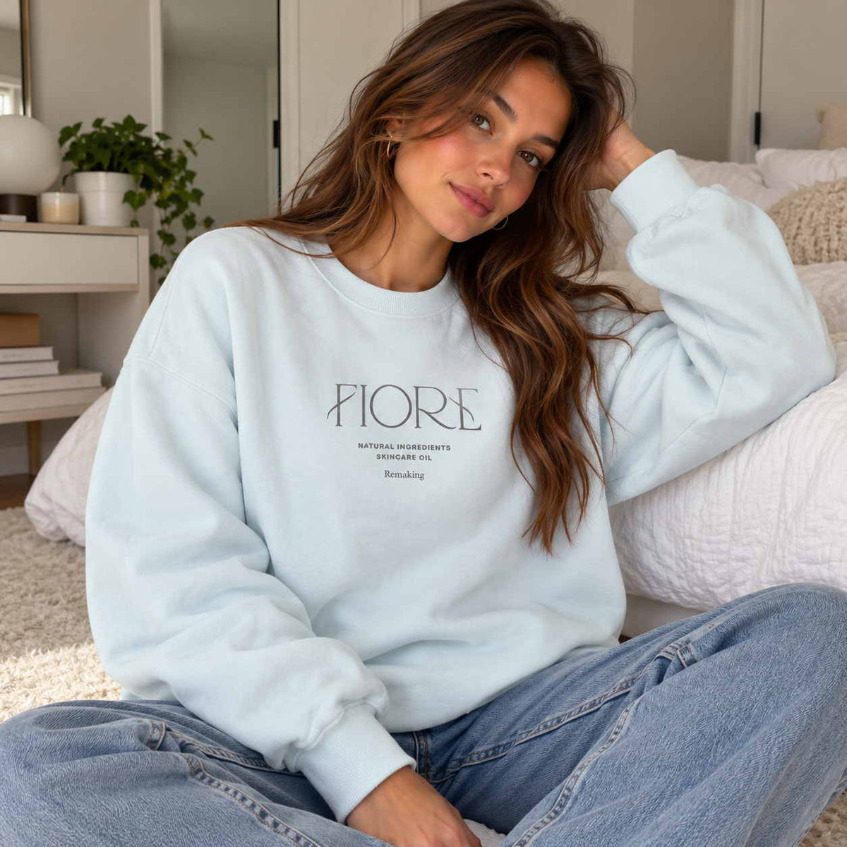 Woman in a light blue crew neck sweatshirt with minimalist Fiore lettering, worn with light jeans