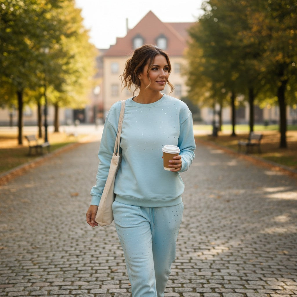 Light blue sweatshirt and joggers worn with a cream tote on a park path
