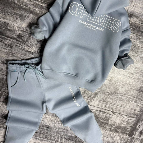 Light blue hoodie laid flat showing the large off limits outline print