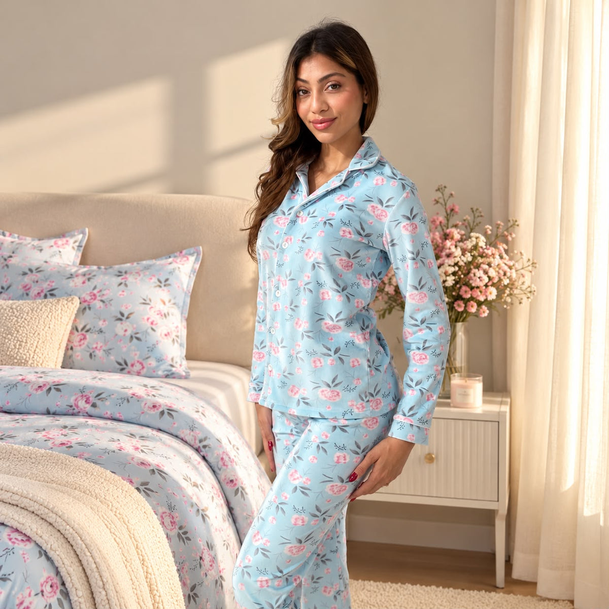 Woman in a light blue pyjama set with pink roses and white piping posing beside a matching bed