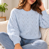 Light blue pointelle crew neck sweater with ribbed cuffs and hem, worn sitting with jeans