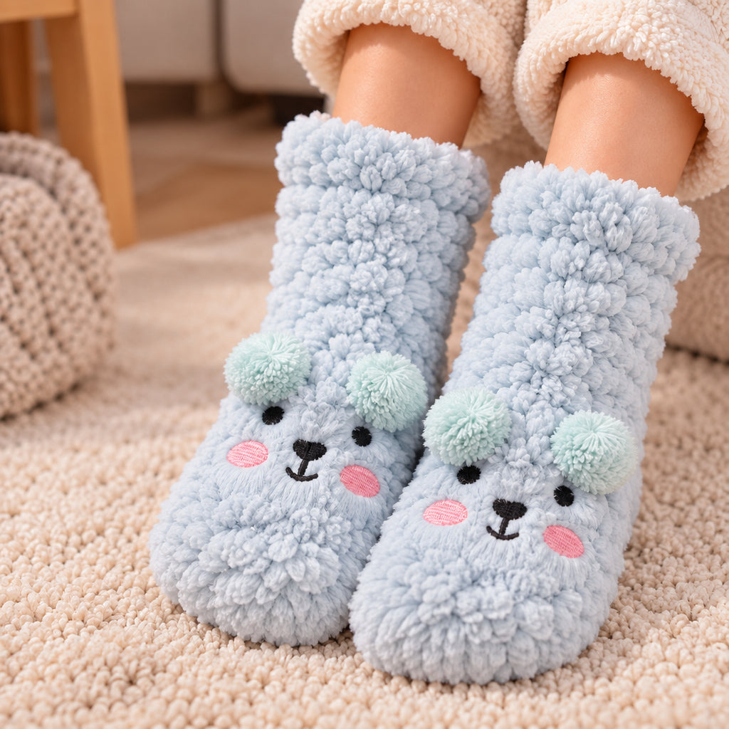 Light blue fuzzy kids socks with a bear face, mint pom pom ears and pink cheeks on a rug