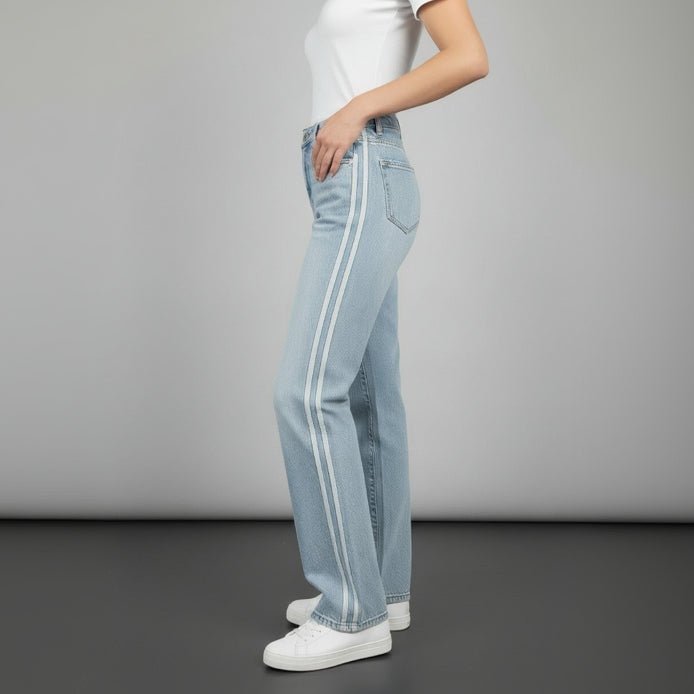 Light blue jeans with white side-stripes on a gray background