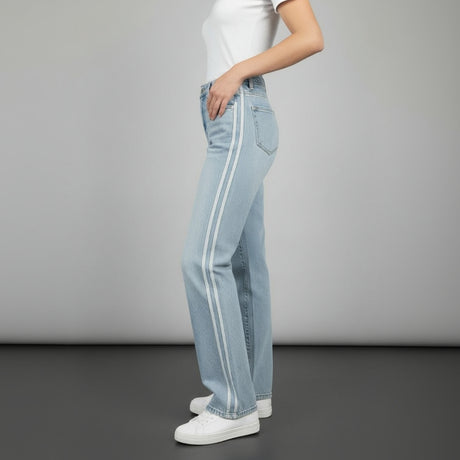 Light blue jeans with white side-stripes on a gray background