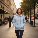 Cream hood lining and drawstring cords shown on the light blue hoodie