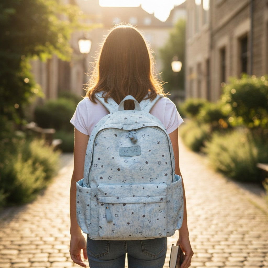 Light blue star print school backpack for girls with side pockets, Jack Gifts Online Lebanon