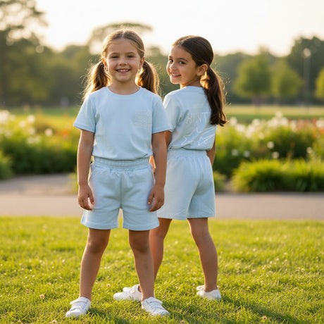 Girls light blue shorts set with a printed tee and matching shorts