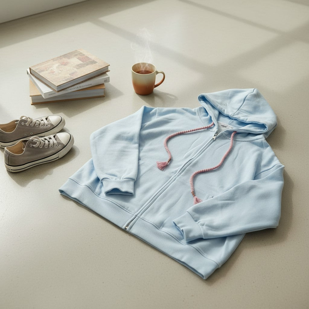 Light blue zip hoodie laid flat on a cream floor with pink tassel drawstrings