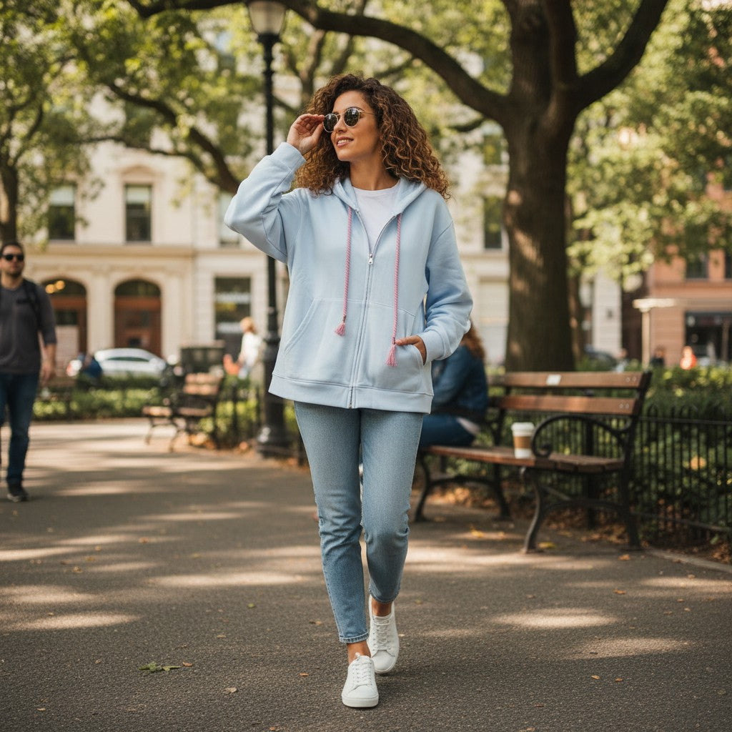 Light blue zip hoodie worn zipped on a shaded park path in summer
