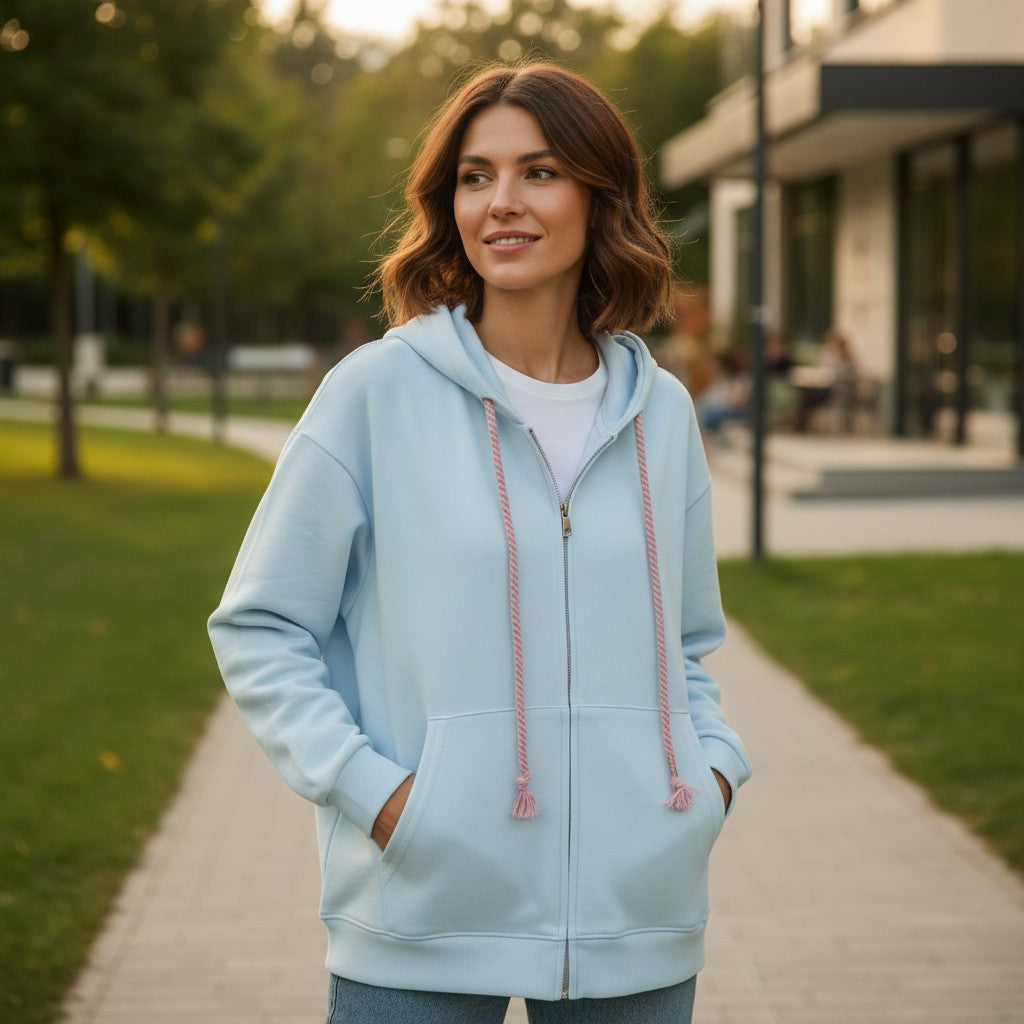 Woman in light blue oversized zip hoodie with pink tassel drawstrings, Jack Gifts Online Lebanon