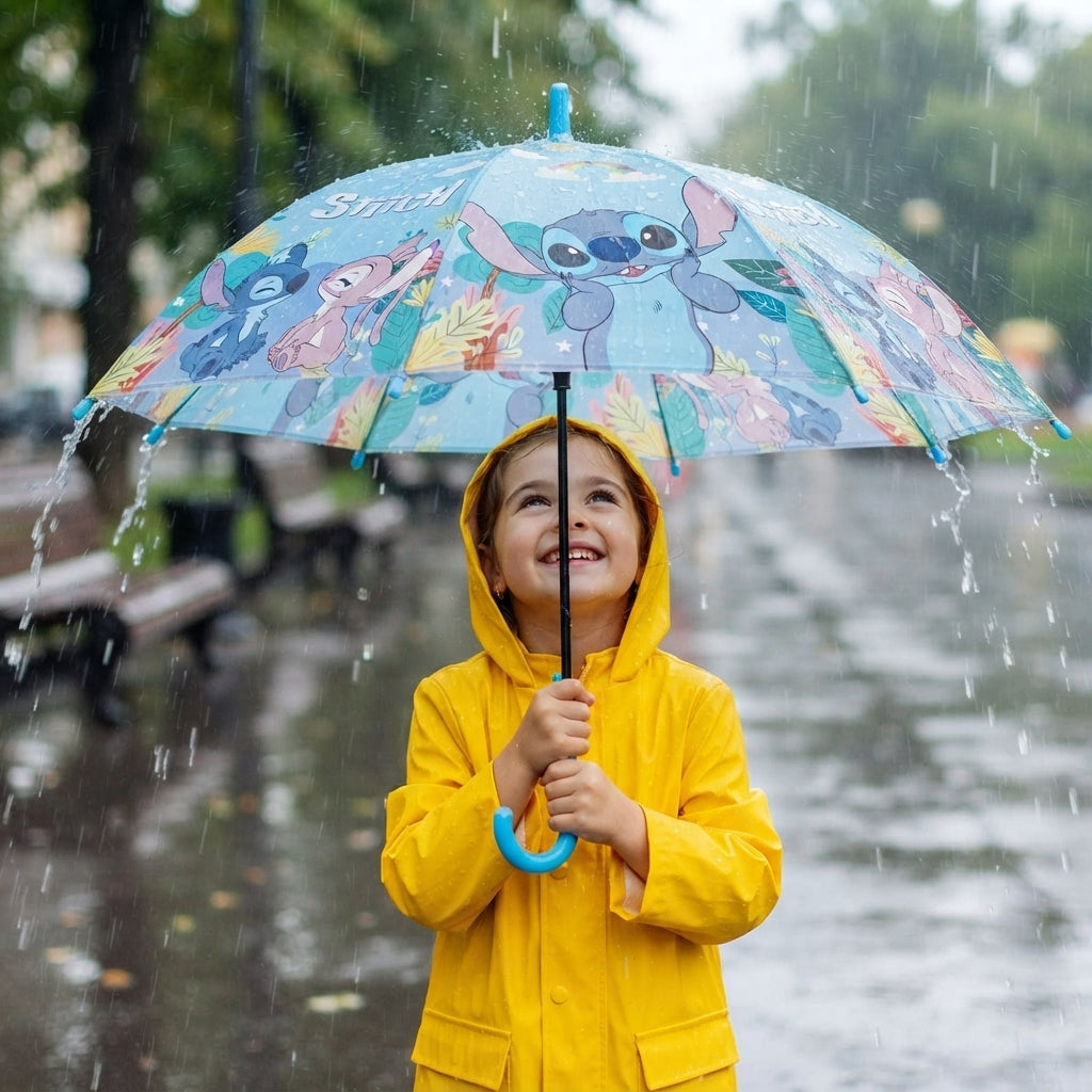 Girl in a yellow raincoat laughing under a light blue umbrella with a blue stitch and leaves