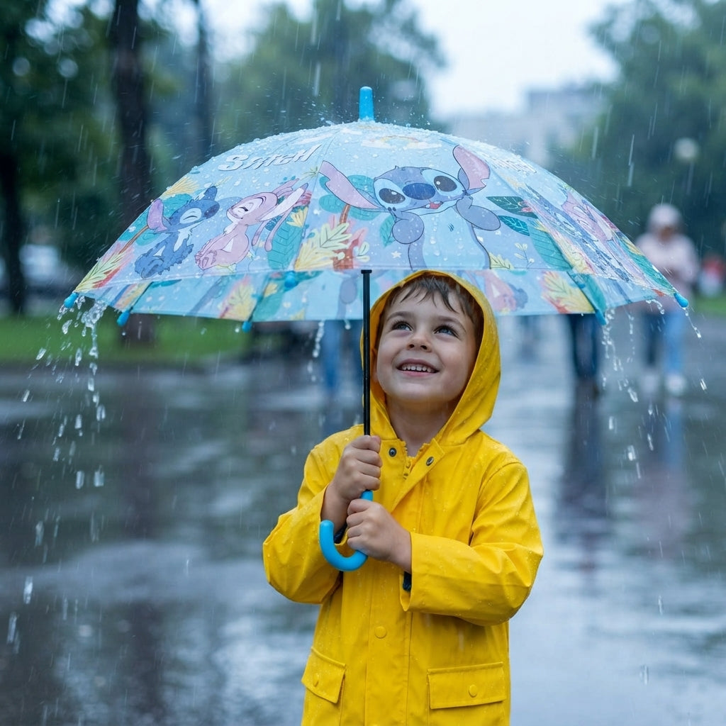 Boy in a yellow raincoat holding a light blue tropical stitch umbrella with a blue hook handle