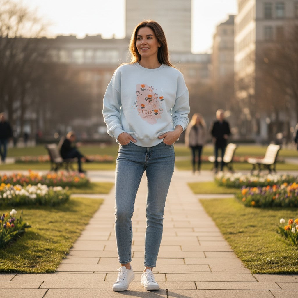 Light blue tulip print sweatshirt worn standing in a park with tulip beds