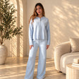 Light blue zip knit cardigan and matching wide leg trousers, full length