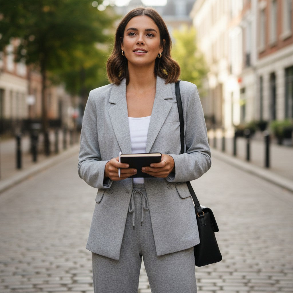 Women's light grey marl jersey blazer worn open over a white tee with matching joggers