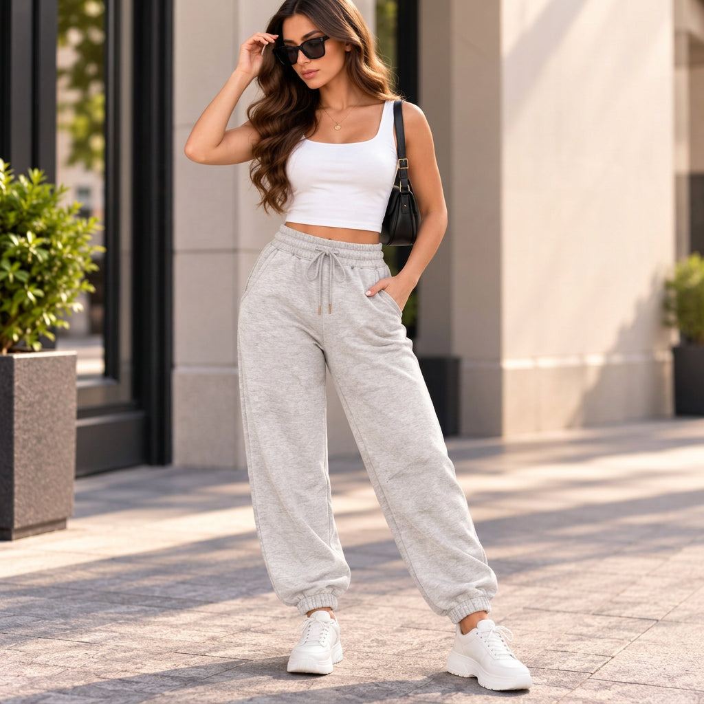 Woman in heather light grey cuffed joggers with a drawstring waist, a white tank crop top and white sneakers
