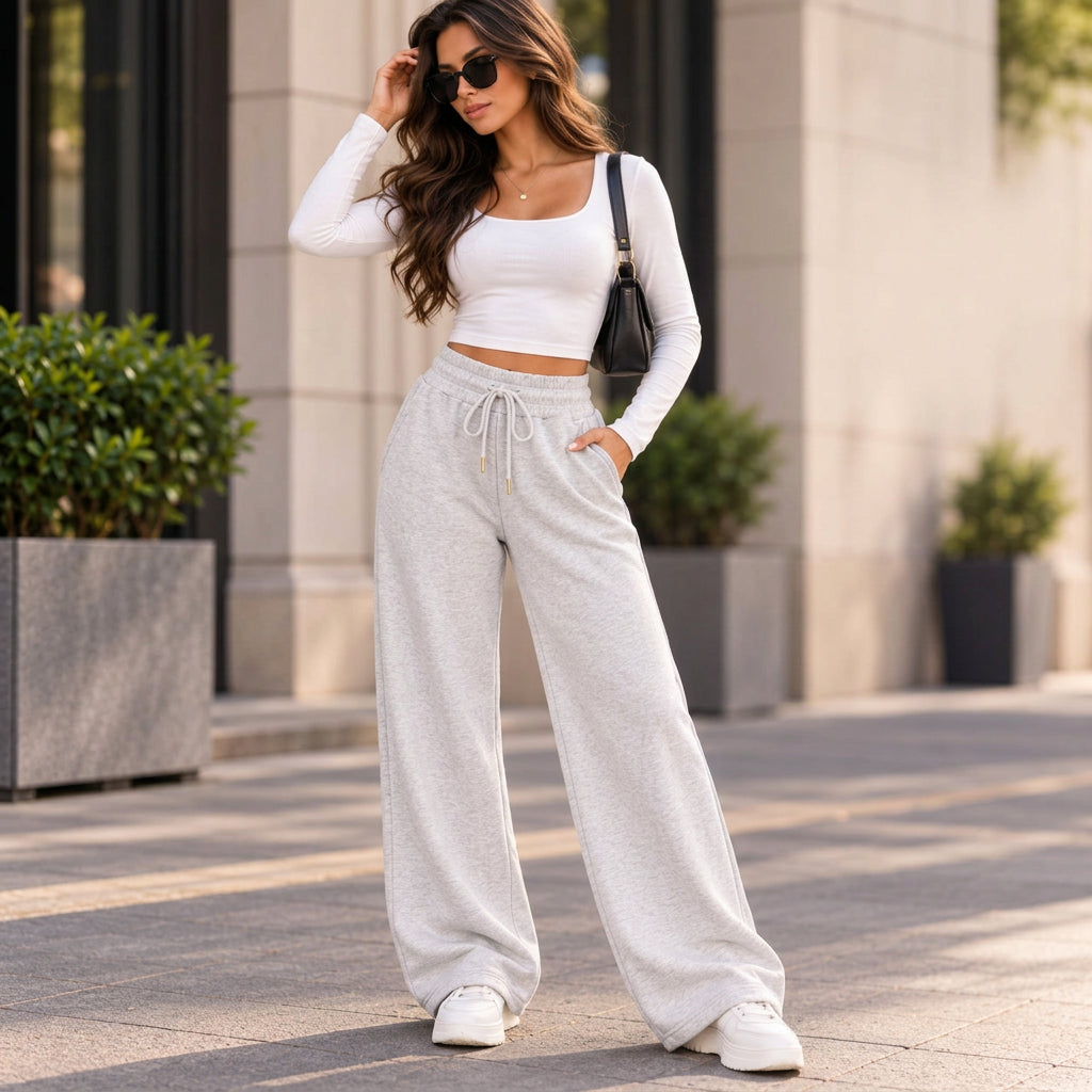 Woman in light grey wide leg sweatpants with a drawstring waist, a white crop top and white sneakers