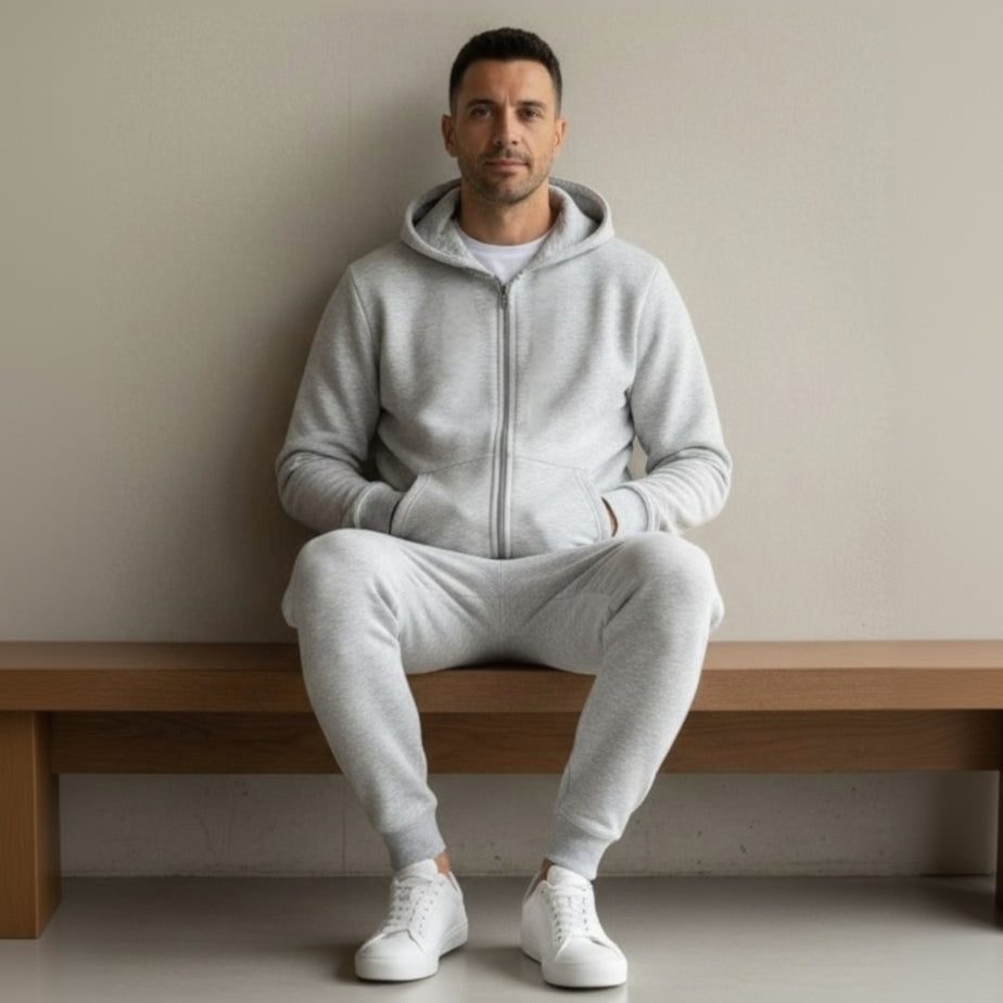 Man wearing a grey tracksuit sitting on a wooden bench against a plain wall