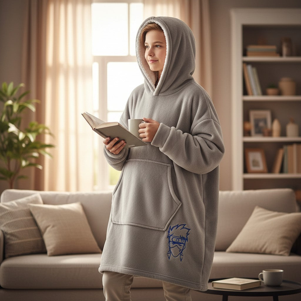 Child wearing a light grey hooded blanket with the hood up while holding a book