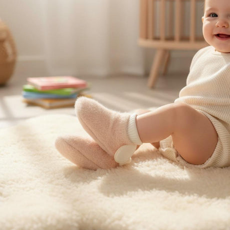 Blush pink fluffy feather yarn newborn booties with white ribbed cuffs on a soft nursery rug