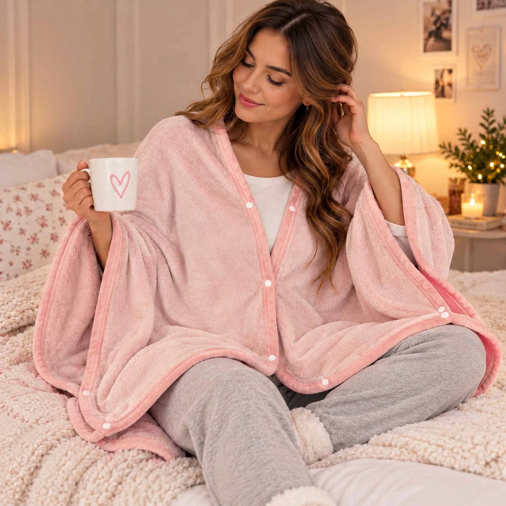 Woman sitting on a bed wrapped in a light pink fleece snap button blanket with pink trim, holding a mug