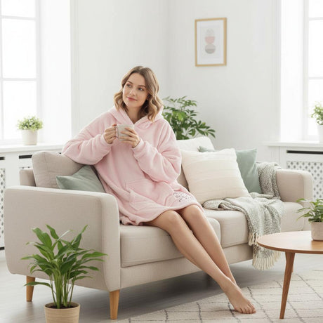 Woman in a pink hooded blanket sitting on a couch holding a mug in a bright living room.