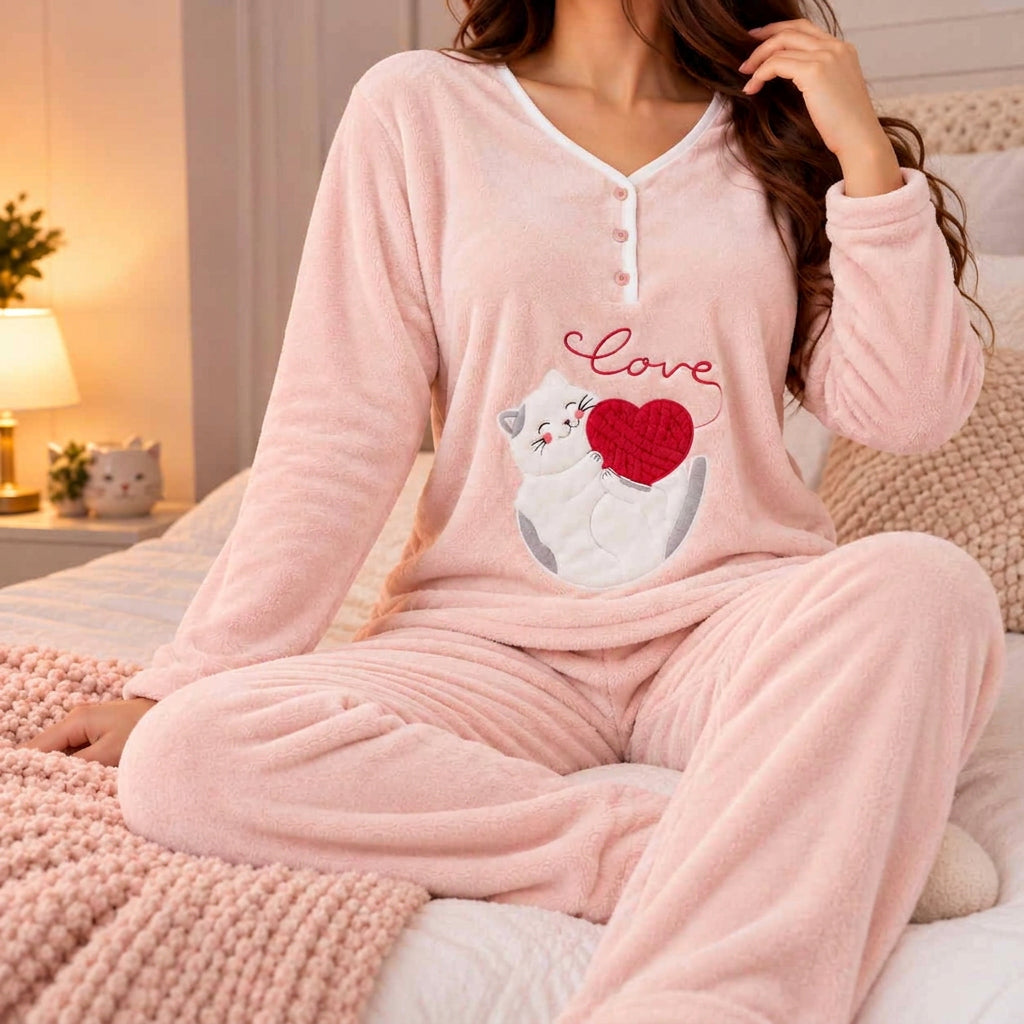 Woman in a light pink fleece PJ set with a white cat appliqué hugging a red heart yarn ball
