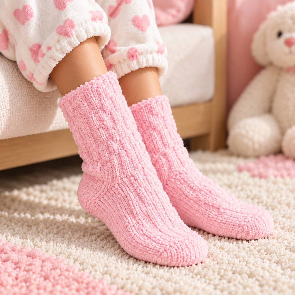 Child wearing light pink ribbed fuzzy socks on a cream rug beside a white plush bunny