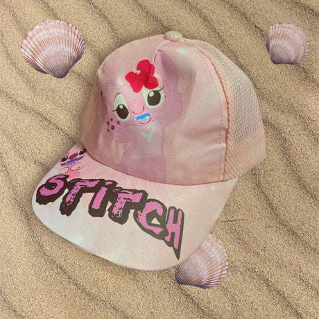 Light pink childrens baseball cap with mesh side panels and a pink cartoon graphic