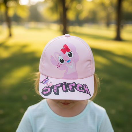 Girl outdoors in a pale pink cap featuring a pink cartoon character and bold peak lettering