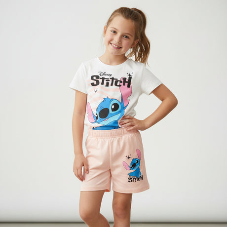 Girls set with a cream Stitch tee and light pink shorts, blue Stitch waving on both pieces