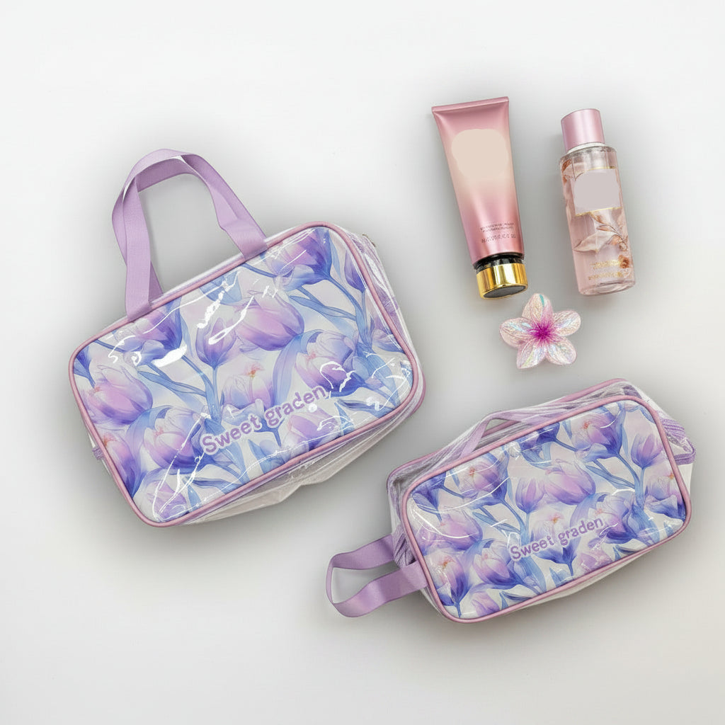Light purple floral cosmetics bags with bottles on a light background